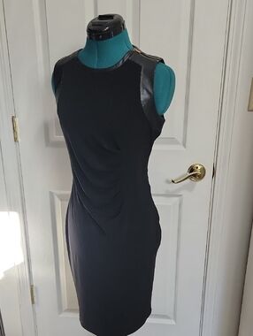 Calvin Klein Black Sleeveless Dress with Faux-Leather Trim Gold Zipper Detail